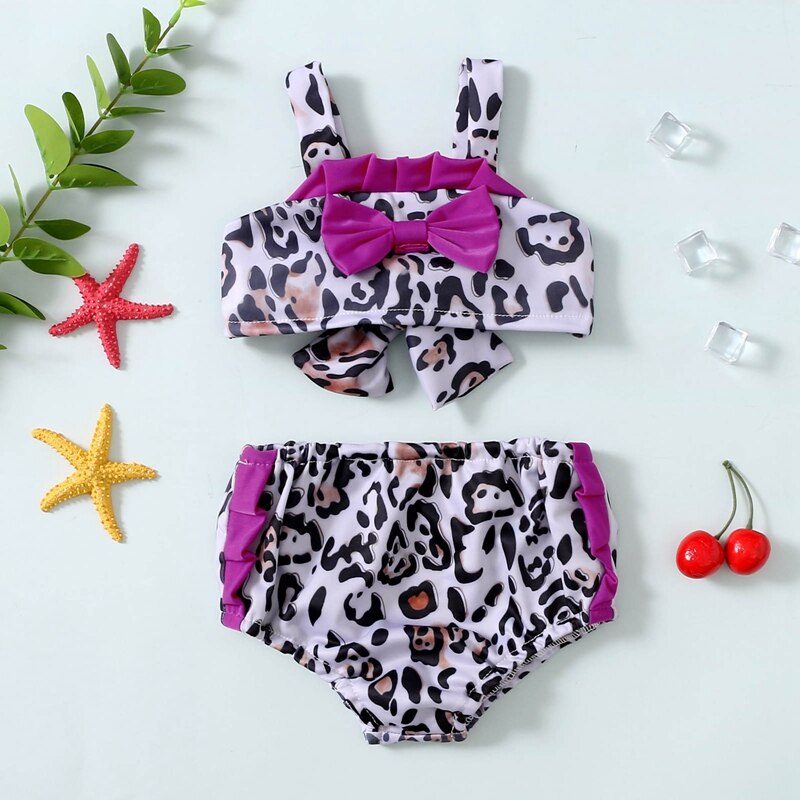 Kids Girl Two-Piece Swimwear Leopard Print Bowknot Bikini Tops+Elastic Waist Bathing Shorts Children Girl Bikinis Set 1-5Years: Purple / 2T