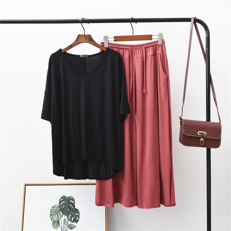 Pliktea Pyjamaset - Dames V-Hals T-shirt & Lange Broek - Effen Modal Spandex: Zwart
