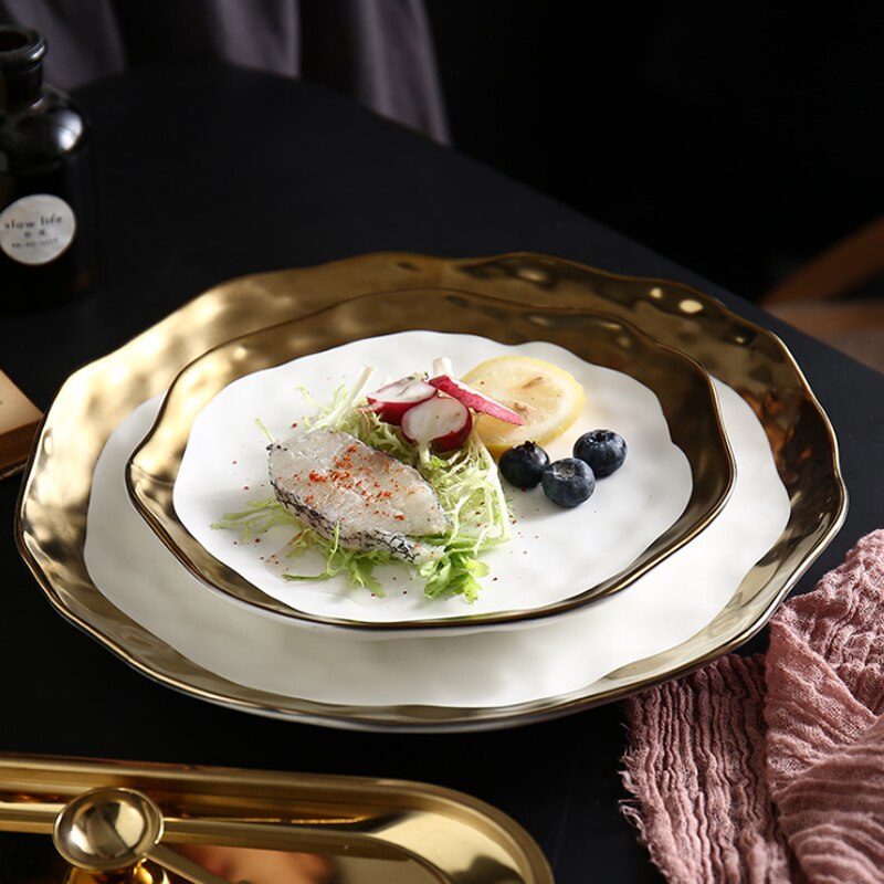 Ceramic Inlaid Golden Steak Plate Ripple Western Kitchen Utensils Tray Display Decoration Tableware Dishes