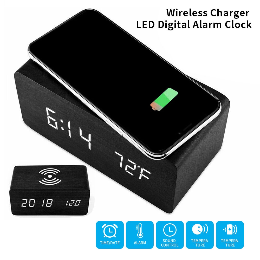 Electric LED Alarm Clock with Phone Wireless Charger Desktop Digital Thermometer Clock with Date 12/24 H Switch