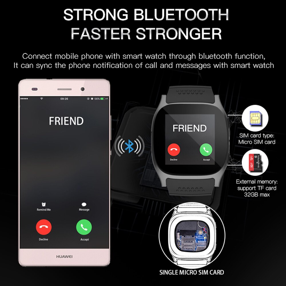 Bluetooth 4.0 T8 Smart Watch Phone Built-In Camera 32MB Memory Space Sync Call Message Pedometer Calorie Counter Sleep Monitor