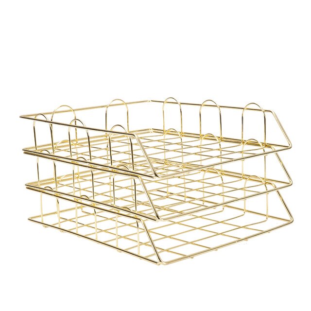 Ins Gold Metal File Tray Magazine Organizer Desk Set By Handmade Overlayable File Organizer Layering: 3 tray Yellow Gold