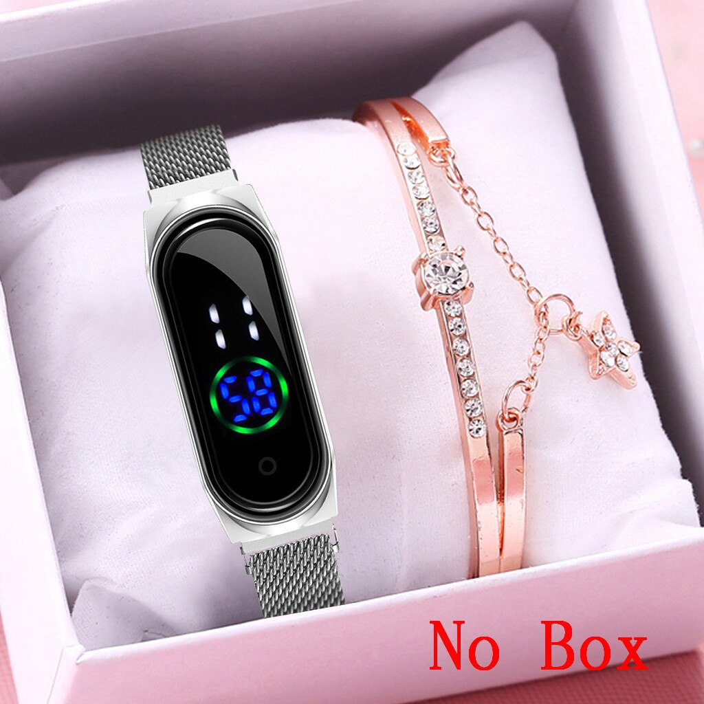 Women Rectangle Touch Screen LED Watches Magnetic Mesh Belt Electronic Clock Digital Wristwatches Bracelet Set Relogio Feminino: silver bracelet