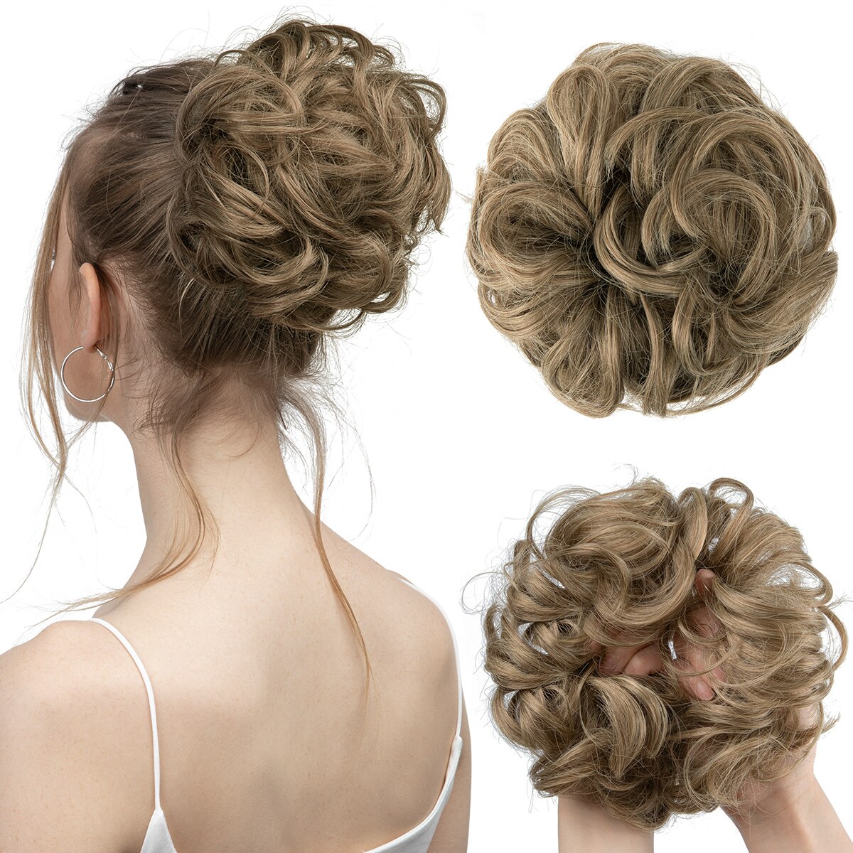 Extensiones de moño de pelo sintético desordenado, moño grande y rizado, gomas para el pelo elásticas, postizos, Donut Updo, piezas de cabello para mujer: T1/35