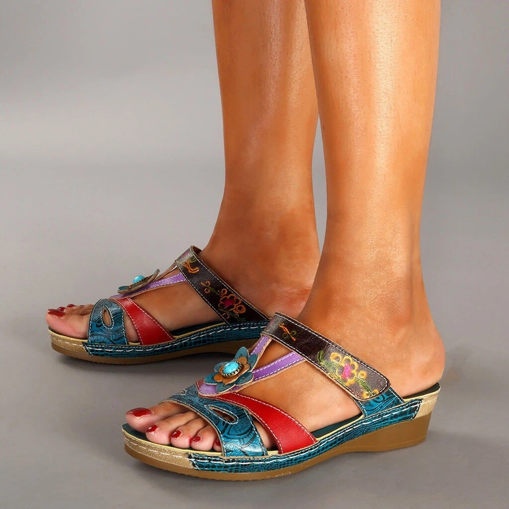 Pantoufles à bout ouvert pour femmes, sandales ethniques avec fleurs et vent, rétro bohème, babouches pour la plage, grande taille, collection été, décontracté: 37