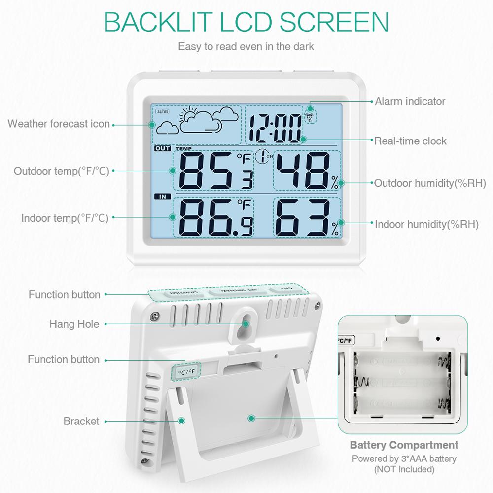 Digital Indoor Outdoor Thermometer Weather Forecaster Station Wireless Temperature Humidity Monitor Backlight Time Alarm Clock