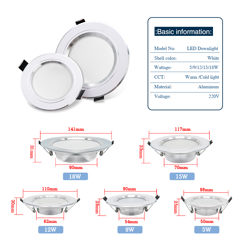 ledet-downlight 5w 9w ledet-panellampe 12w 15w 18w innfelt downlight rund taklampe  ac 220v 230v søkelyset innendørsbelysning