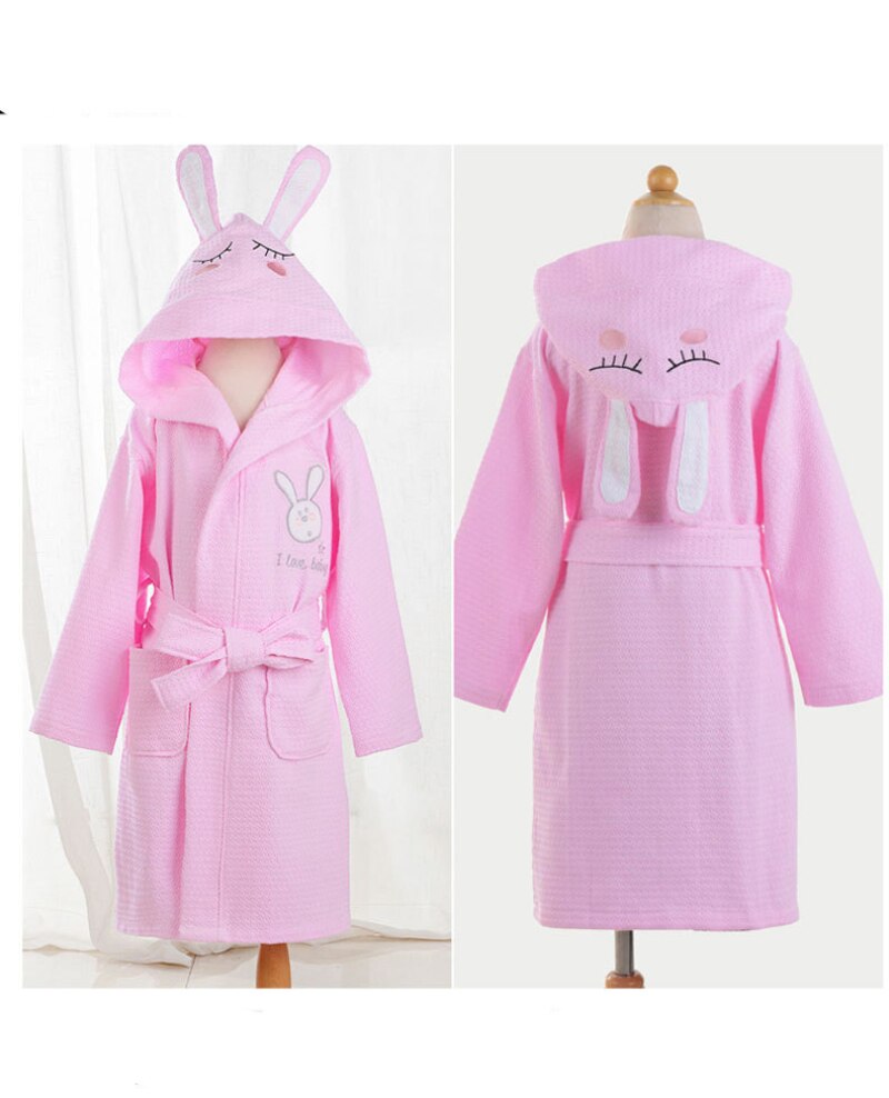 4 Color Girl Summer Cotton Bathrobe Waffle Hooded Children Robe Boys Dressing Gown Kids Roupao After Spa Bath Swimming L173: pink / 12A(130-140cm)