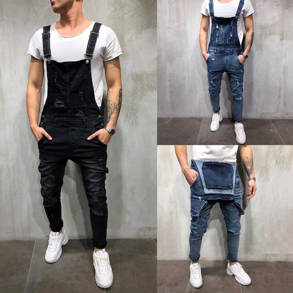 Men's Ripped Jeans Jumpsuits Hi Street Distressed Denim Bib Overalls For Man Suspender Pants Size S-XXXL