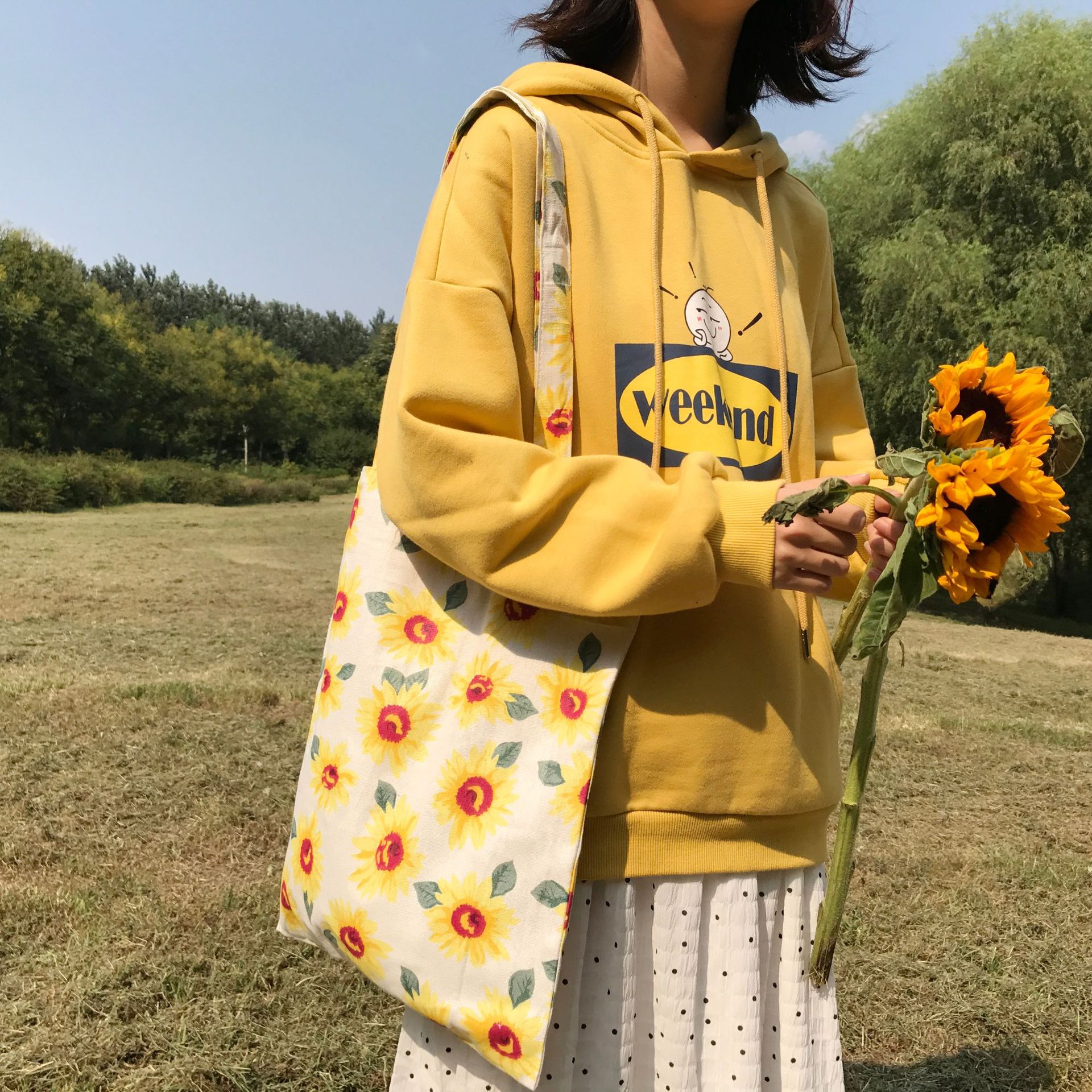 Youda originele zonnebloemprint dames canvas tassen japanse studenten schoudertas casual eenvoudige vrouwelijke winkeltas