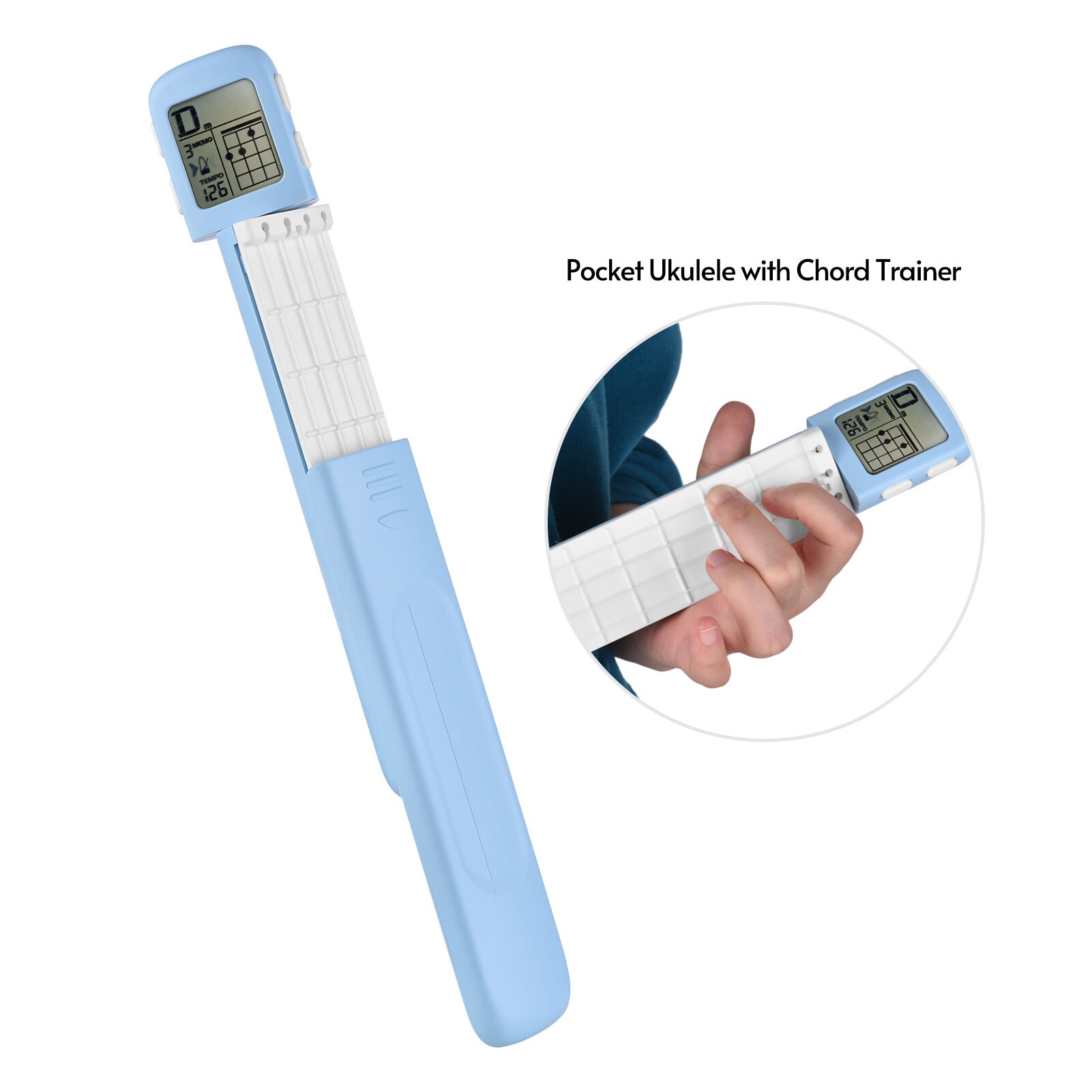 Muslady-Ukelele portátil, entrenador de acordes, herramienta de práctica de digitación Uke con pantalla de tabla de acordes giratoria de 360 ° para principiantes: Blue
