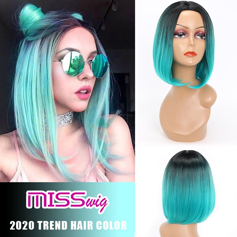 Miss Pruik Korte Rechte Ombre Roze Hittebestendige Bob Pruik Voor Vrouwen Zwart Ombre Kleur Synthetisch Haar: T1B/4/30