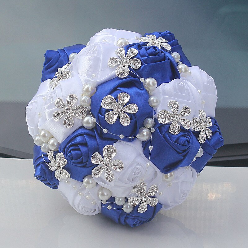 8 Styles 15cm Jewelry Beaded Wedding Flower Bridal Bridesmaid Bouquets Royal Blue Ribbon Bouquets Diamond Brooch Bouquet Small