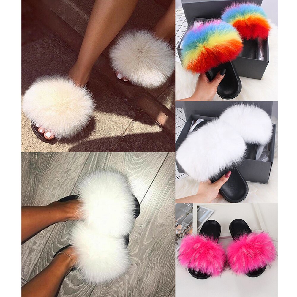 Imitatie Vossenbont Slippers Faux Furry Fluffy Slippers Vrouwen Slides Sandalen Indoor Schoenen Voor Vrouwelijke Slip Op Slippers d30