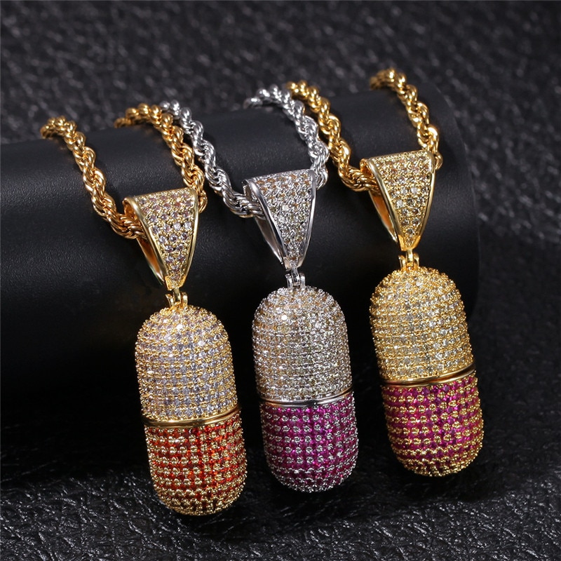 Pieno Zircone Cubico penna Della Capsula Della Pillola Pendenti con Gemme E Perle Collana di anca salto Bling Ghiacciato Fuori Rame medaglione Rapper Gioielli Staccabile Regalo