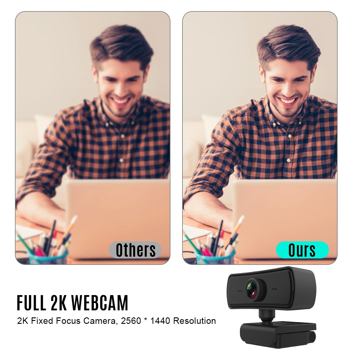 1080P HD Computer Camera Video Conference Camera Webcam 2K Resolution Auto Focus 360° Rotation H.264 Video Compression