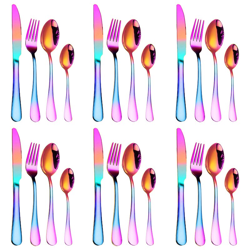 24PCS Western Kitchen Dinnerware Stainless Steel Cutlery Steak Knives Forks Dessert Spoon Tableware Set Box Party Wedding: 24PC Rainbow