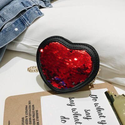 Europe Cute Girls Sequins Coin Purses Heart-shaped Princess Mini Glitter Paillette Bag Kids Chain Messenger Bag Wallets: Red