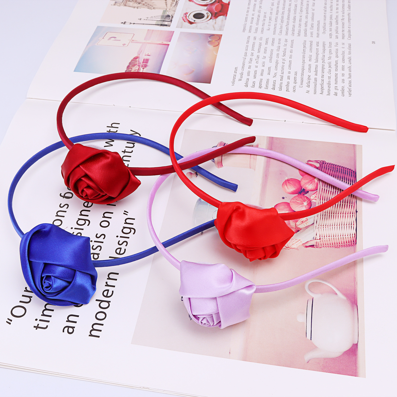 Girls Satin Rose Flower Headband Vintage Style Hairband Hair Accessories Wedding Costume Headwear Handmade Headpiece