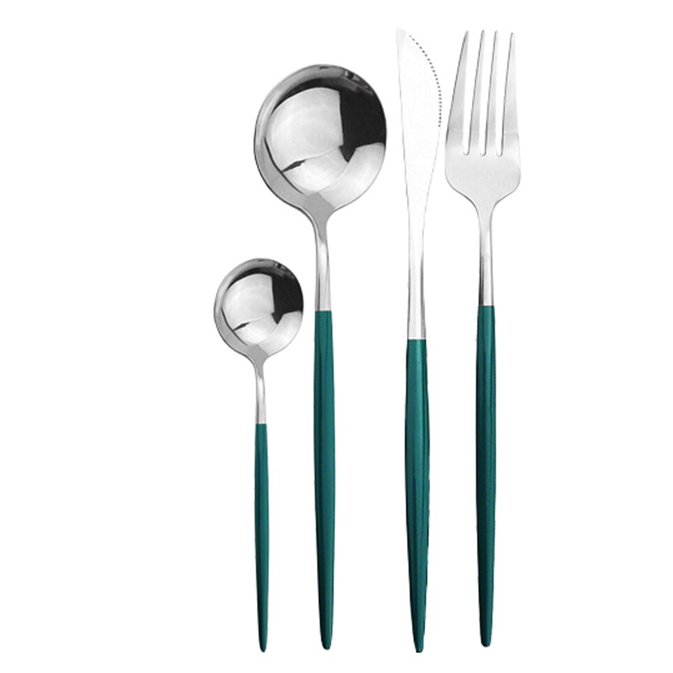 4 pièces/ensemble de couverts en or noir ensemble d'argenterie en acier inoxydable couteau fourchette cuillère ensemble de dîner Rose vaisselle couverts directe: 4Pcs Green Silver