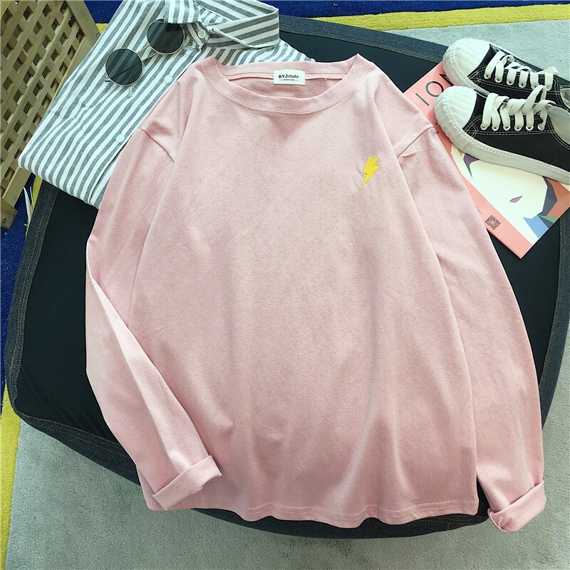 Kvinder tegneserie broderi t-shirts harajuku enkel t-shirt efterår lange ærmer afslappet løs t-shirt studerende sjove t-shirt toppe: Lyserød / Xxl