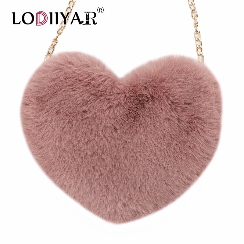 Faux Pelz Herz Tasche Mädchen Lolita Schulter Tasche Plüsch Crossbody Geldbörse Für Frauen Weibliche Rot Herz Perle Kette Handtasche Partei