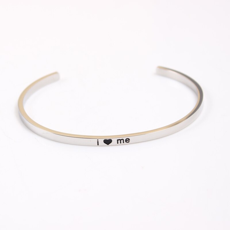 Stainless Steel Bar Engraved Positive Inspirational Quote Cuff Bangle Mantra Bracelet for Women Best Christmas: i love me