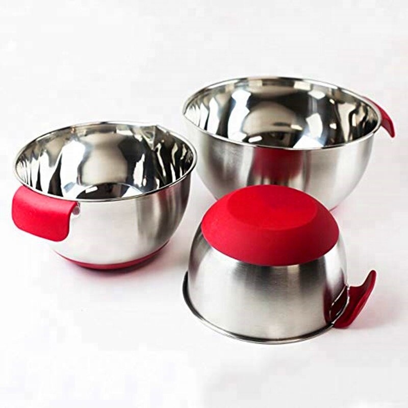 Premium Sealed Bowl Various Sizes Stainless Steel Non Skid Base Measuring Salad Spout Mixing Bowl Set with Silicone Handles