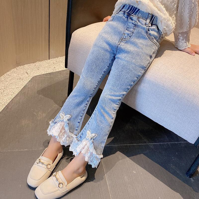 Pantalones vaqueros acampanados de para niñas y adolescentes, pantalones con campana de encaje, para primavera y otoño, 4, 6, 7, 9, 11, 12, 14Y
