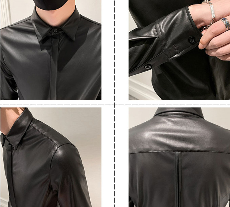Efterår vinter herre & #39 ;s koreansk slim fit læder skjorte herre & #39 ;s camisa social masculina trend mærke sorte læder skjorter