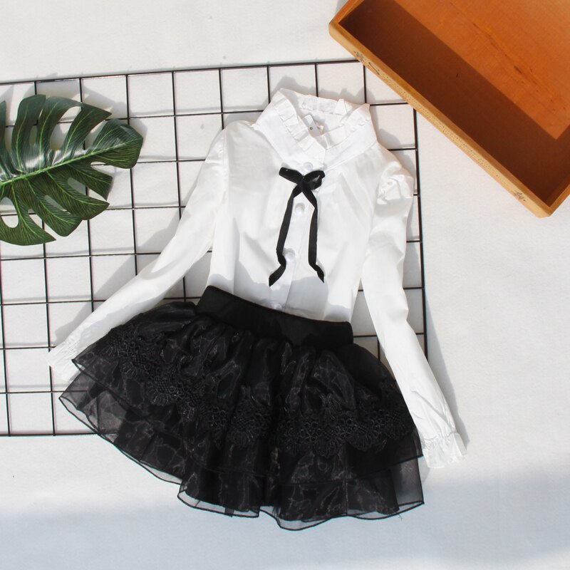 2-15 jaar katoenen witte blouses voor kinderen meisjes casual kinderen strik shirts lente herfst tienermeisjes lange mouwen tops