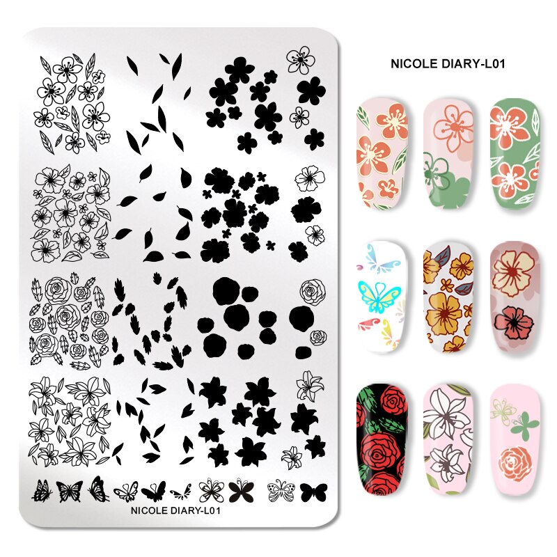 Nicole Dagboek Bloemen Patroon Nail Stempelen Platen Afbeelding Schilderen Nail Art Stencils Template Nail Stempel Gereedschap