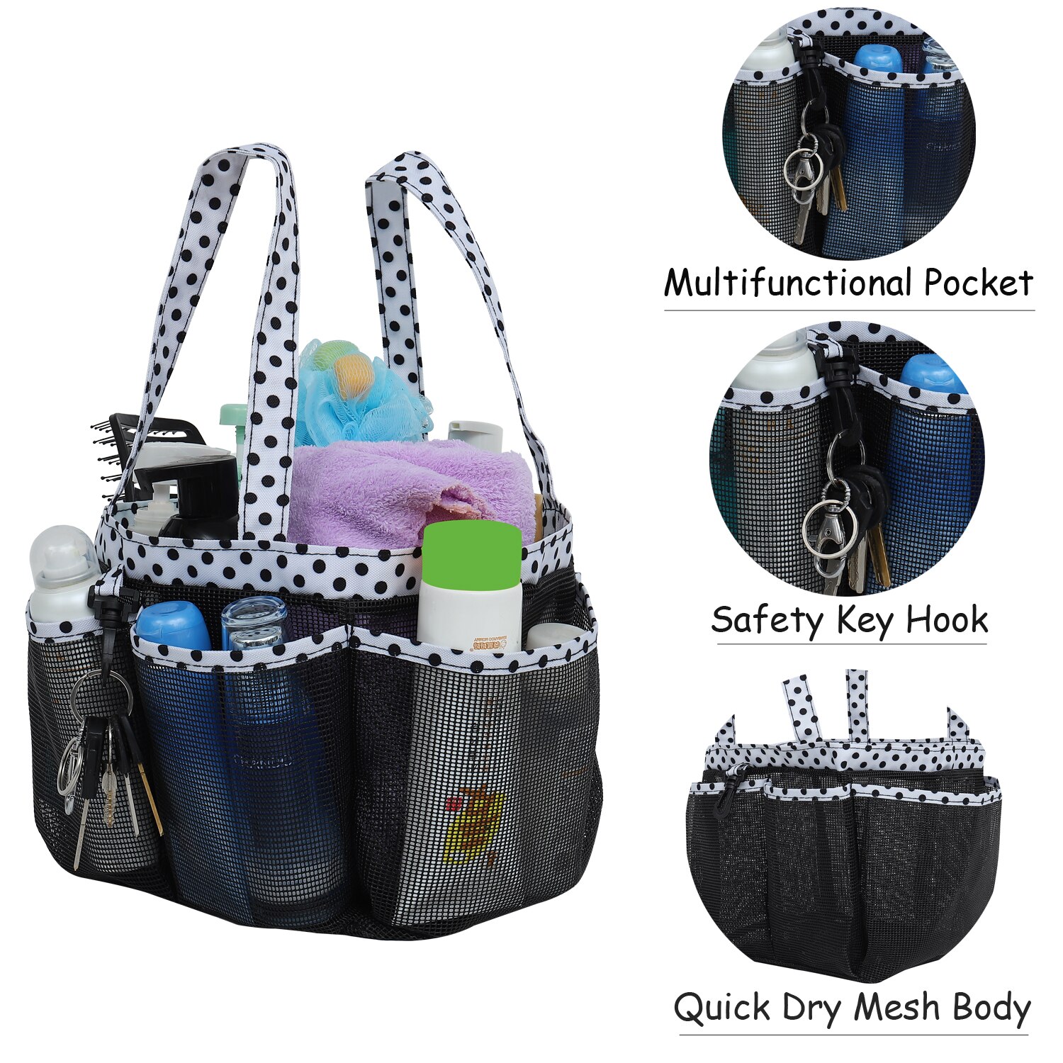 Mesh Shower Caddy Tote for College Dorm Room Essentials, Hanging Large Portable Bag Toiletry Organizer with Key Hook