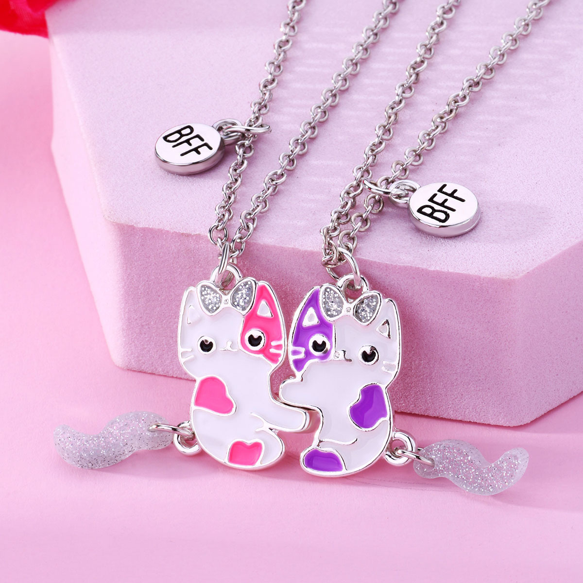 Süße Katze Herz Magnet Halsketten für Frauen Mädchen Kawaii Beste Freunde Neko Hündchen Ebene Anhänger Kette BFF Freundschaft Schmuck