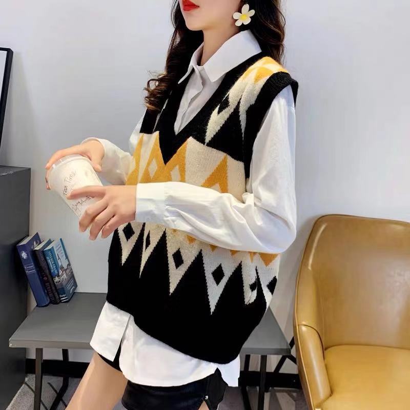 Trui Vest Vrouwen Breien Geometrische Argyle Retro Herfst Koreaanse Stijl Dames Truien Winter Alle-Match Uitloper Tieners Losse