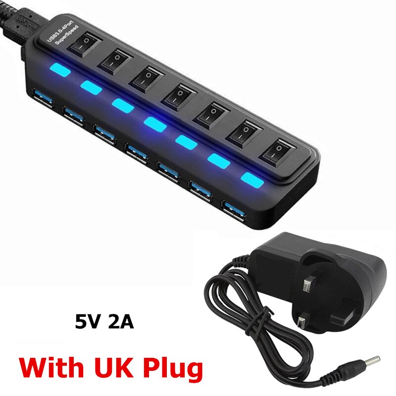 USB 3.0 HUB 4 7 Poort met LED Power Opladen Schakelaar Meerdere USB Splitter High Speed 5 Gbps USB Hab USB-HUB EU VS AU UK Adapter: 7 Ports with UK Plug