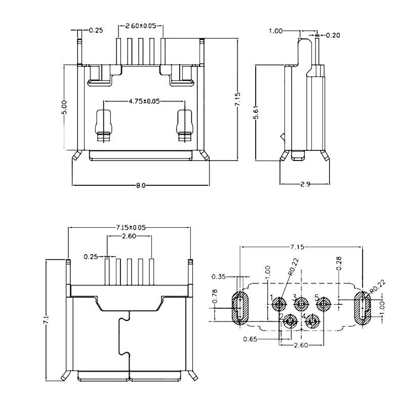 10Pcs Type B Vrouwelijke 180Angel Micro Usb Socket Connector 5P Directe Plug-In Voor Opladen Mobiele telefoon