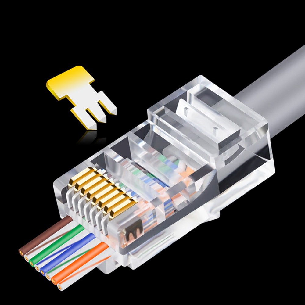 OULLX 20/50/100pcs RJ45 Connector 6U Gold PlatedPass Through Ethernet Cables Module Plug Network RJ-45 Crystal Heads Cat5 Cat5e
