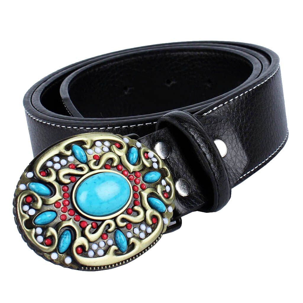 Black Belt Colorful Turquoise Buckle Western Leather Belt Indian Mens 110-125cm/3.8cm Width
