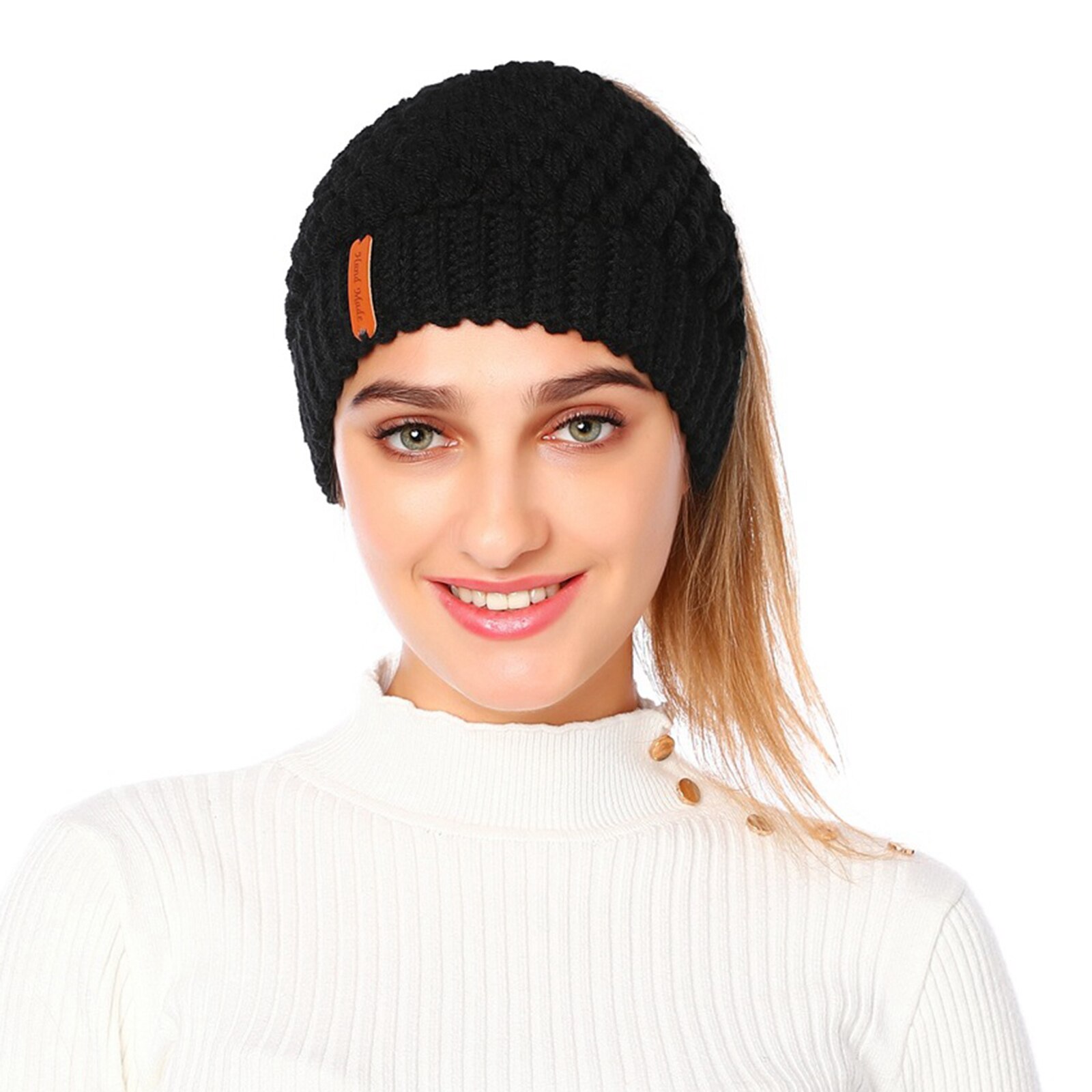 Beanie Hat Tail Stretch Cable Knit Messy High Bun Ponytail Beanie Hats Earmuff