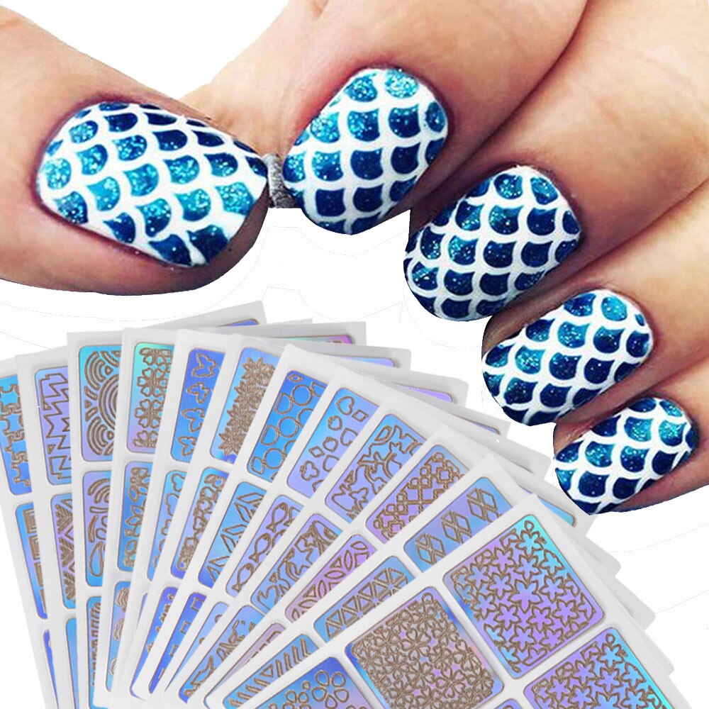 #501 Mode 12 Sheets Nail Hollow Onregelmatige Grid Stencil Herbruikbare Manicure Stickers Stempelen Template Nail Art om