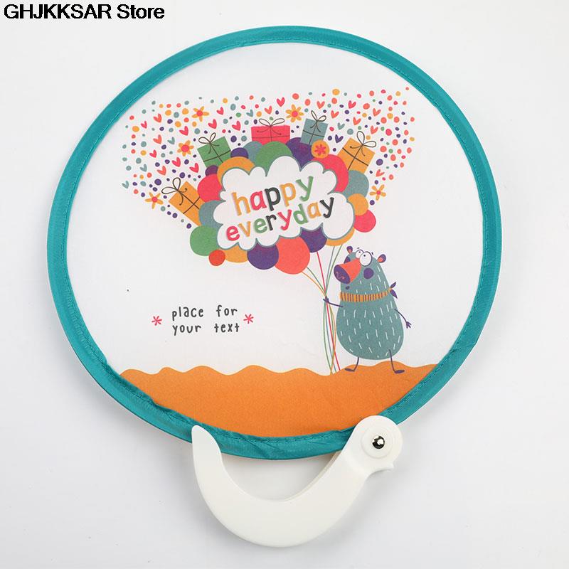 1Pc Draagbare Vouwen Fan Met Handvat Cartoon Mini Fan Vrouwen Zomer Ronde Fan Creatieve Party: E