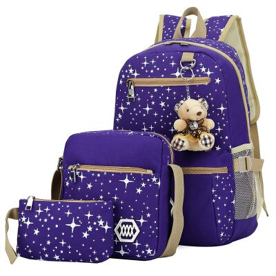 3 Stuk Student Mode Schooltas Vrouwelijke Koreaanse Canvas Afdrukken Grote Capaciteit Rugzak Outdoor Reizen Multifunctionele All-Match: purple