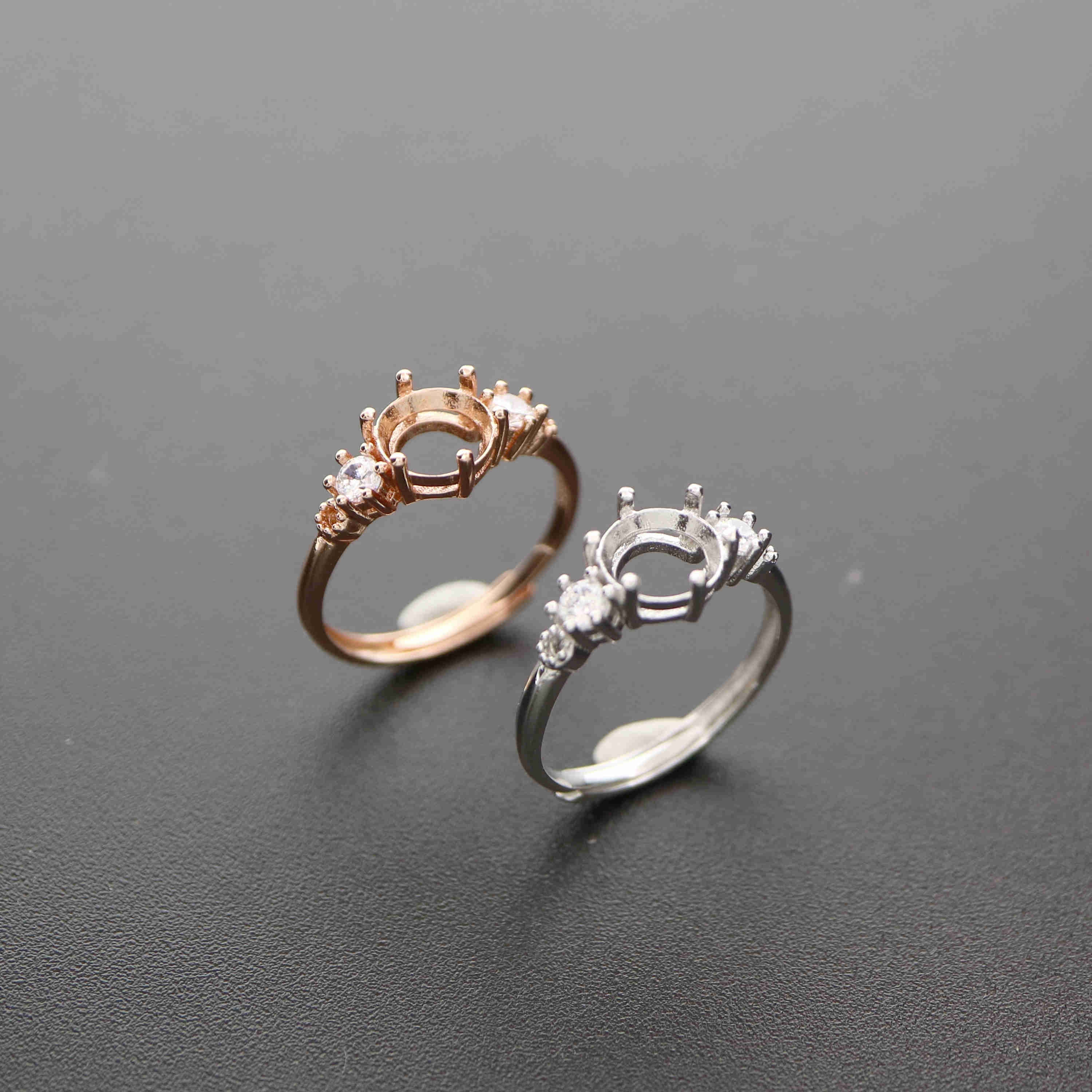 3-8MM round simple rose gold silver Gems CZ stone prong bezel solid 925 sterling silver adjustable ring settings 1210034