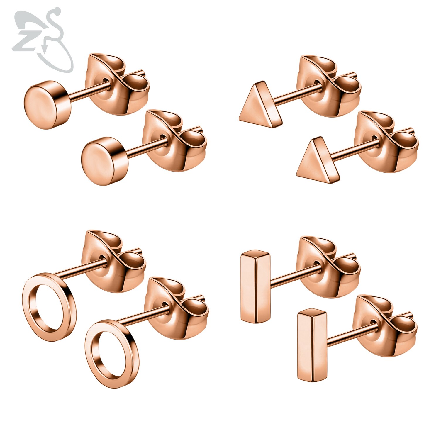 ZS 4-9pairs/lot CZ Crystal Stud Earring Set 3 Color Round Heart Star Stainless Steel Ear Helix Tragus Cartilage Piercing Jewelry: Style 3-Rose gold