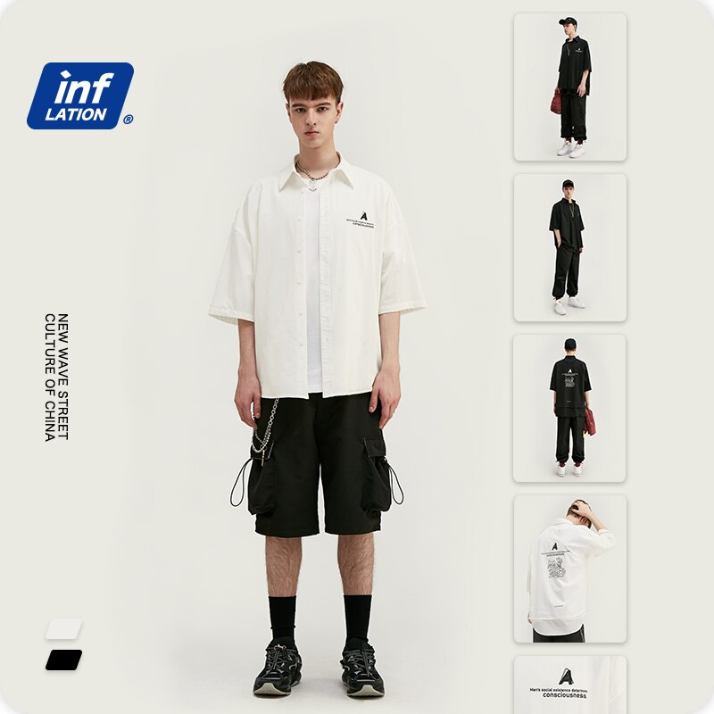 Inflation herre skjorter med sort hvid farve oversize løs pasform herre skjorte streetwear hip hop herre kortærmede skjorter 2003 s 20