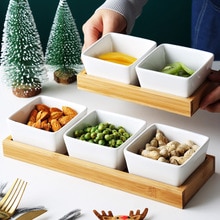 MUZITY-plato de cerámica para postres, Plato cuadrado para fruta con bandeja de bambú y madera, plato de porcelana para pastel o caramelo