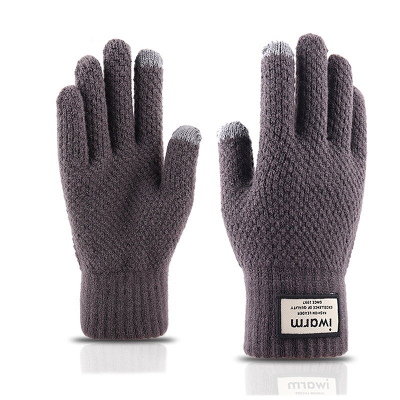 Winter Man Keep Warm Touch Screen Plus Velvet Inside Thicken Wool Knitting Gloves Outdoor Wear-Resistant Anti-Slip: light grey