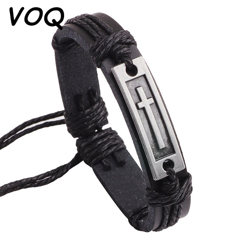 Voq Punk Stijl Cross Armbanden Voor Unisex Handgemaakte Verstelbare Armband Bangel Vintage Lederen Eenvoudige Sieraden Pulseras