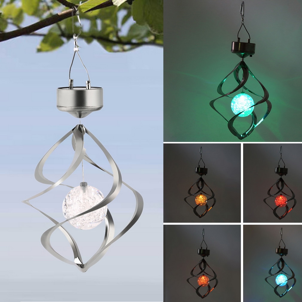 Solar Wind Spinner with Color Changing Light Up Ball Solar Powered LED Wind Chimes Outdoor Hanging Spiral Garden Light Courtyard